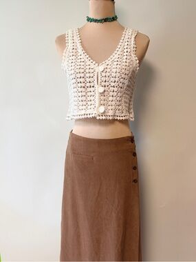 Y2K Crochet Boho Festival Top Size Small Vest Cropped Hippie Ivory Indie Sleaze